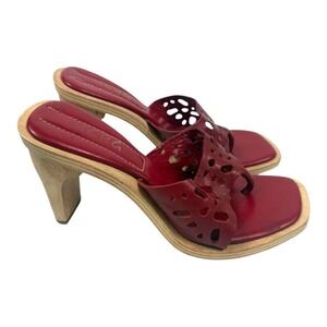 BCBG Red Leather Cutout Wood Heel Sandals – Y2K